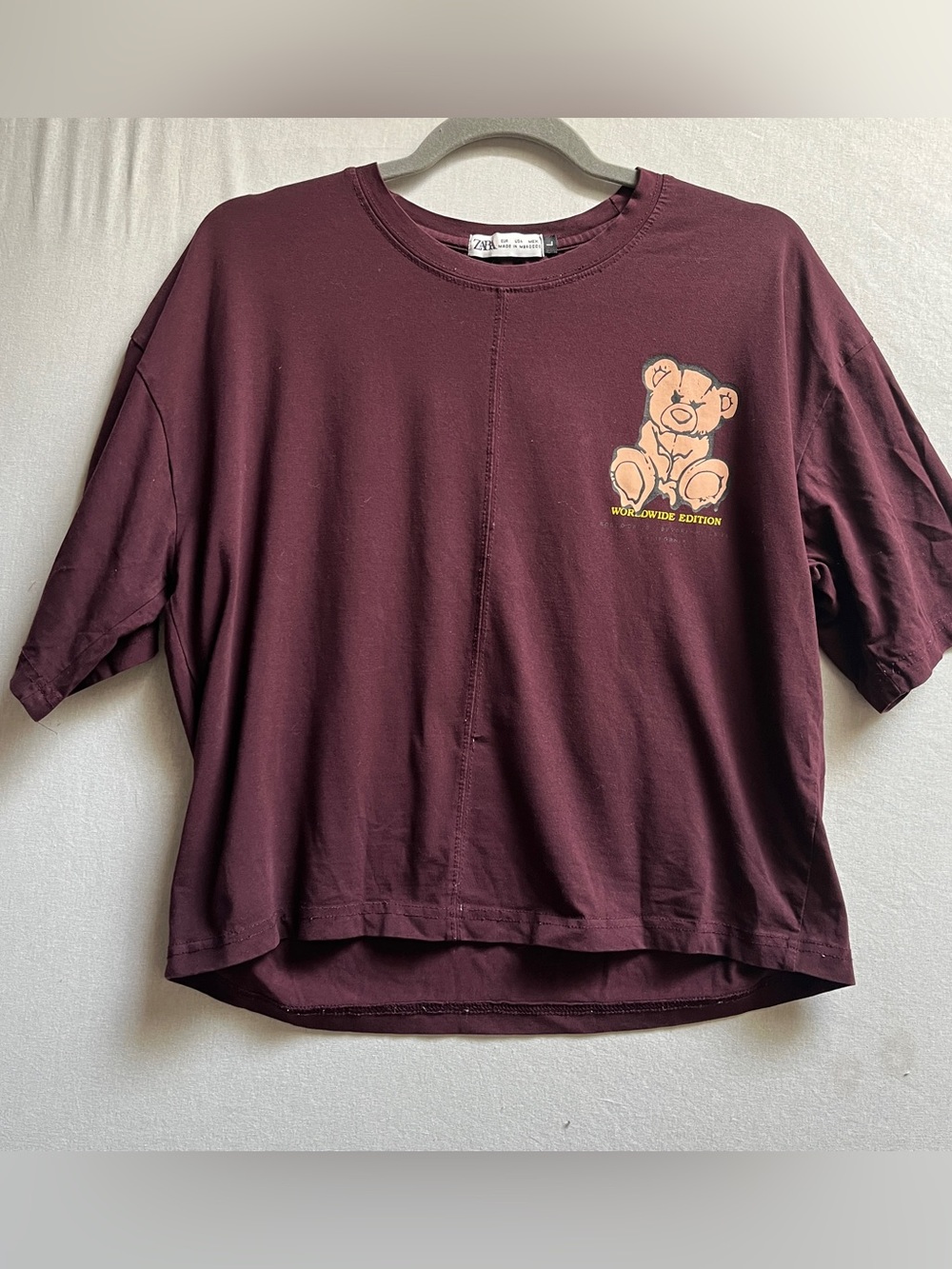Zara Burgundy Teddy Bear Graphic T-Shirt Maroon Size L